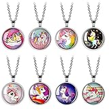 8 Pieces Girls Luminous Unicorn Necklaces, Unicorn Glowing Necklaces for Kids, Unicorn Party Favors Goodie Bags Fillers, Pinata Fillers, Glass Dome Cabochon Necklace Glow in The Dark Pendant Jewelry