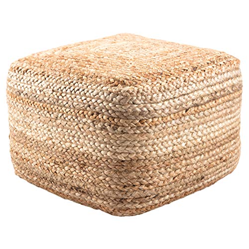 Natural Jute Ottoman, Beige Braided Rows Square Pouf Beads Fill, Modern