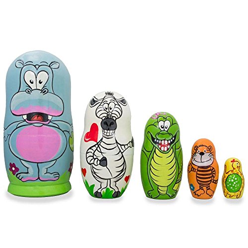 6" Set of 5 Hippo, Zebra and Tiger Wooden Animal Nesting Dolls