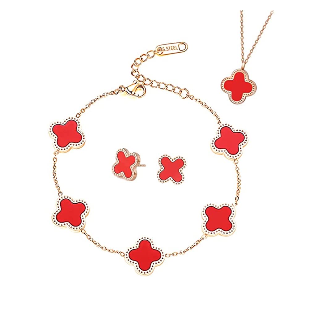 TOFBS Four-Leaf Clover Jewellery Set for Women Girls 18K Rose Gold Plated Stainless Steel Double-sided Red Black Pendant Necklace Stud Earrings Bracelet Jewellery Set (Red)