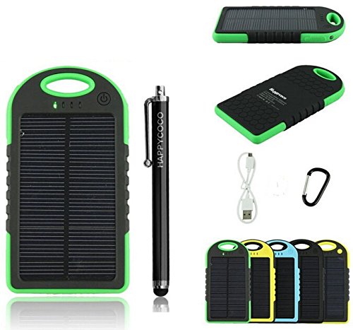 HAPPYCOCO Solar Panel 5000mah Portable Backup Power Bank Pack Water/ Shock/ Dust Resistant Dual USB Charger 5000mah Solar Battery Panel Dual USB Port Rain-resistant, Dirtproof and Shockproof Portable Charger Backup External Battery Pack Power Bank for Iphone 6, 6 Plus, 5s, 5c, 4s, 4, Ipod Touch, Ipad Mini,ipad 1,2,3,4,5,6,ipad Air Retina (8 Pin Adapter Included), Samsung Galaxy Note 2, Note 3, S2 S3, S4, S5,nexus 4/5/7,moto X, Lg G2/3,sony Xperia Z1 Black and Other Usb-charged Devices