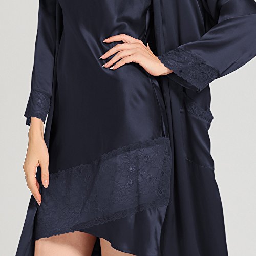 【お年玉セール特価】シルク ローブ レディース ネイビーブルー XL 2点セット /22匁 高級シルク100% / ギフトにも最適 / LilySilk (リリーシルク)