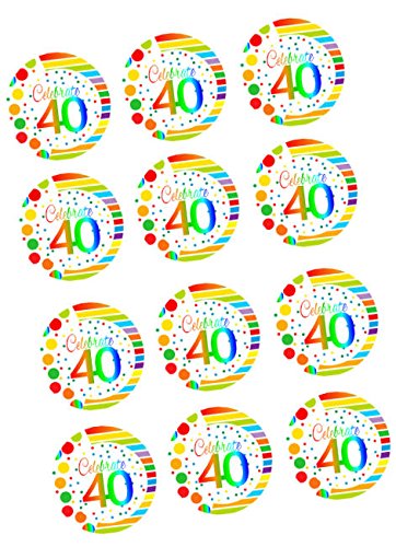 CakeSupplyShop Item#RE-041 Happy 40th Birthday 2inch Rainbow Edible Cupcake / Cookie Frosting Image Toppers -12ct