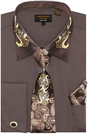 Christopher Tanner Men's Regular Fit Metal Pasiley Pattern Dress Shirts with Tie/Hanky Cufflinks Combo