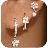 GEORGE · SMITH 3 pairs Flowers earring set for Women, Hypoallergenic Earrings Trendy Versatile Small Earring Stacks Multiple Piercing, 14K Gold plated Stud Huggies earrings for Women