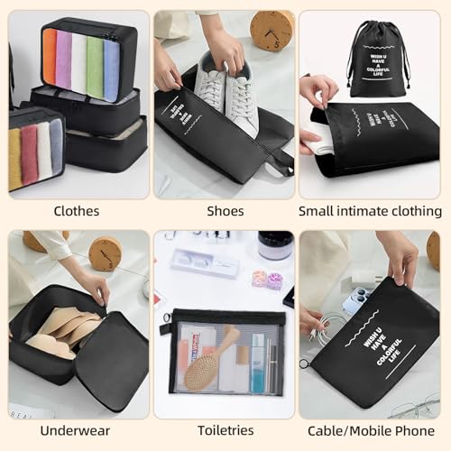 Suitcase Organizer, 10 Pieces Waterproof and Tear-Resistant Organizer Bags, Packing Cubes for Clothes, Shoes, Underwear and Cosmetics, Black