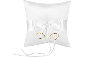 Sunicon Wedding Ring Pillow, White Satin Bowknot Ring Bearer Pillow Holder with Simulation Pearl Bridal Wedding Ceremony Pock