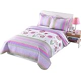 MarCielo 3 Piece Kids Bedspread Quilts Set Throw Blanket for Teens Girls Bed Printed Bedding Coverlet, Full Size, Purple Floral Striped (Full)