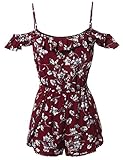Summer Ruffle Off-Shoulder Strap Floral Print Romper Jumpsuit Burgundy Size S