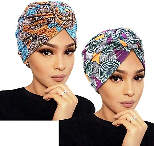 Lvaiz 2 pcs Printed Turban African Pattern Knot Headwrap Beanie for Women Pre-Tied Bonnet Chemo Cap Hair Loss Hat