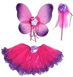 4 Pc Hot Pink & Purple Fairy Set with Wings, Rosebud Wand and Headband