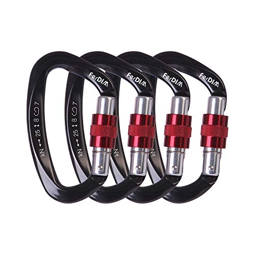 25KN Rock Climbing Carabiner, D-Shaped Hot-Forged Magnalium Locking Climbing Hook Holds 5511lbs with Screwgate Clip Climber Hiking Karabiner Outdoor Sport Tools CE Certified (Black, 4 Pack)