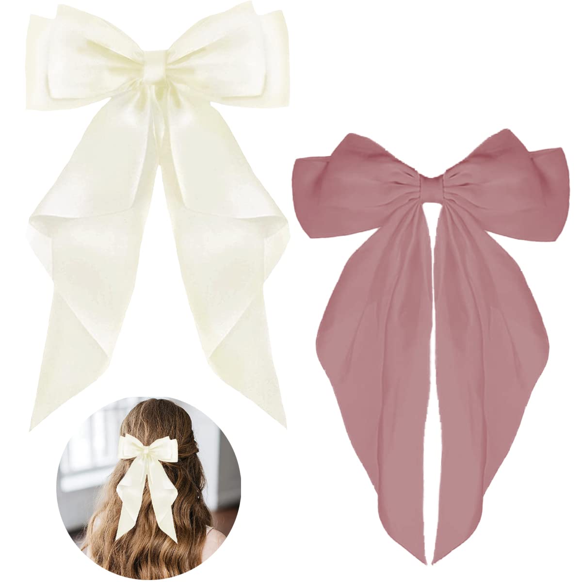 ZEVONDA Pack of 2 Big Bow Hair Clips - Solid Color Large Bowknot Hairpin Hair Clip with Long Silky Satin Tail Hair Barrettes Accessories for Girls Women, Milky White + Pink