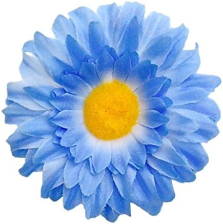 6 pieces of 3 inch english daisy, soft yellow bristle in center with plastic stem, short plastic cap at back, color williamburg blue.