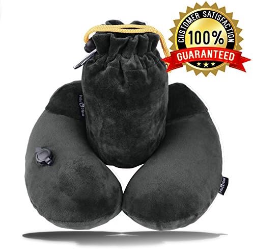PELLO Soft Velvet Inflatable Travel Pillows for Airplanes, with Adjustable Firmness, Packsack, Luggage Clip, &amp; Washable Cover - Best U Shaped Inflatable Neck Pillow for Airplane Travel - Dark Gray