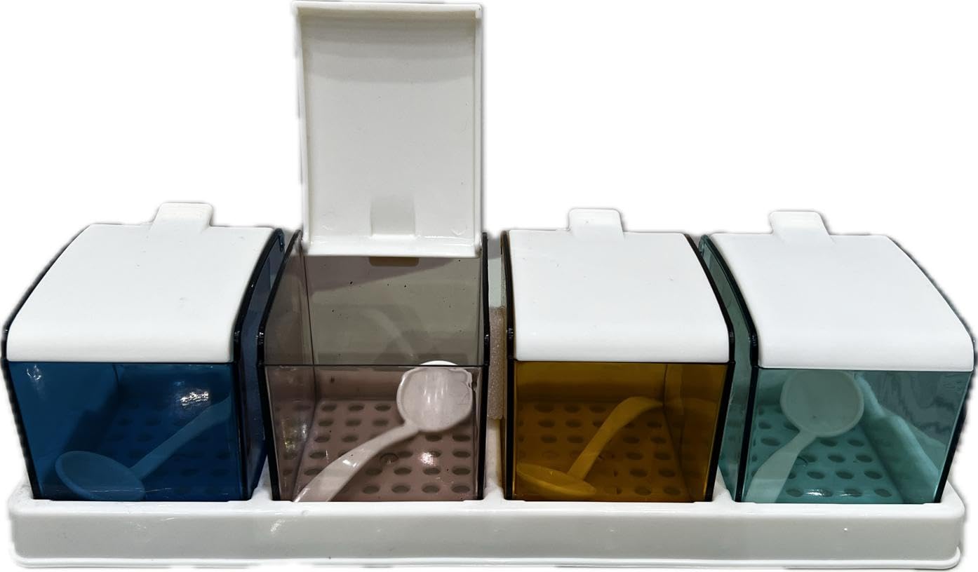 AL-FAHMI 4Pcs Seasoning Set Acrylic Spice Dispenser Jar Salt Box Storage Container with Cover Spoon-Kitchen