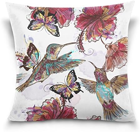 LAVOVO Floral Butterfly Pattern With Hummingbird Decorative Throw Pillowcase Cushion Pillow Cover 18" x 18" for Couch, Bed, Sofa or Patio - Only Case, Double Sides, No Insert