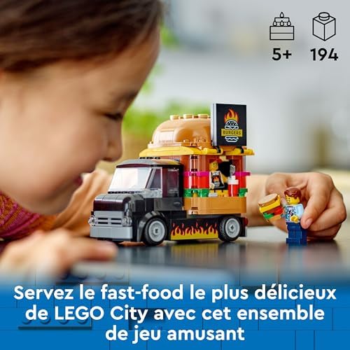 City Le Food-Truck de Burgers, Jouet de Camionnette, Cadeau pour Garçons et Filles de 5 Ans ou Plus, Jeu Imaginatif avec Camionnette et Cuisine, Minifigurines de Vendeuse 60404