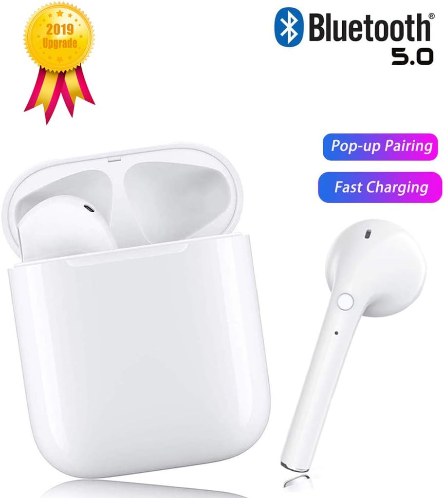 Bluetooth Headset 5.0 Wireless Earbuds Built-in Microphone Headset HD Stereo Noise Reduction Cordless Sports Headphones with Automatic Fast Charging Box for Android iOS iPhone iPhone AirPods.