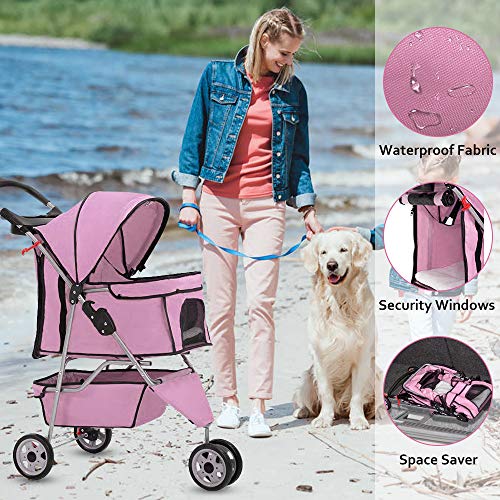 Pet Stroller for Small Medium Dogs & Cats,Folding Dog Stroller Carrier Strolling Cart,3 Wheel Travel Jogger Cat Stroller with Removable Liner,Cup Holders,Weather Cover and Large Storage Basket,Pink…