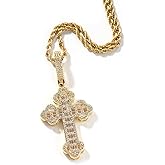 Lulu Mel Iced Out White Gold Plated Cubic Zirconia Cross Pendant Necklace With Rope Chain, Trendy Hip Hop Cross Faith Pendant Jesus Necklace For Men Women