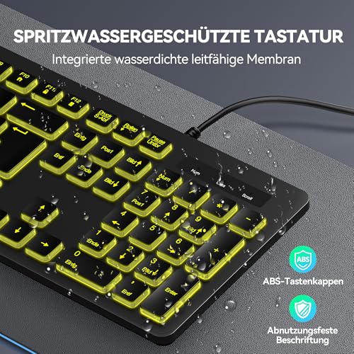 TECKNET Wired Keyboard USB with 7 Colours RGB Lighting, German QWERTZ Full Size, Quiet Keyboard Splash-proof for PC/Laptop (Windows/Mac) - Black