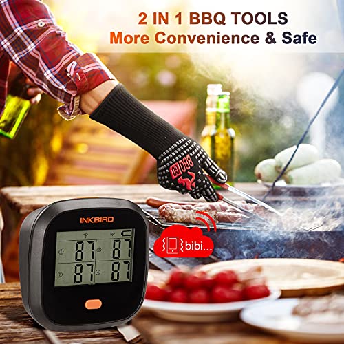 Inkbird WiFi Grill Meat Thermometer IBBQ4T & Grill Gloves Heat Resistant, 4 Probes Smoker