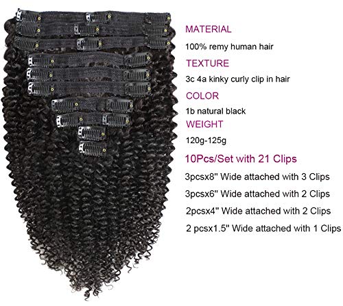 Jiarosi Kinky Curly Clip in Hair Extensions 14 inch 3C 4A Afro Curly Hair Clip ins,Thick 8A Brazilian Real Remy Human Hair Kinkys Curly Clip ins for Woman, Natural Black Color,10Pcs/Set,120 Gram(14ï¼‰
