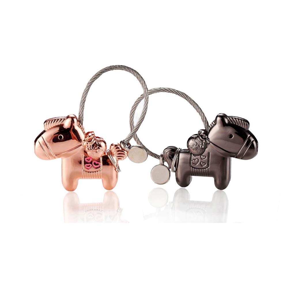 DOJoykey Horse Shape Lovers Keychain, 1 Pair Zinc Alloy Pendant with Magnetic Mouth, Couple Keychain Gift for Valentines Day, Birthday, Wedding, Black and Rose Gold Color