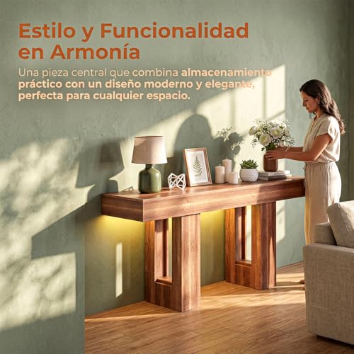 Alma Hogar Credenza Recibidor con Luces LED,Mesa de Entrada 160CM,Retro. | Consola de Entrada Estilo Campestre,Mueble para Detrás del Sofá Con Veta de Madera Rústica,Ideal para Sala y Pasillos.