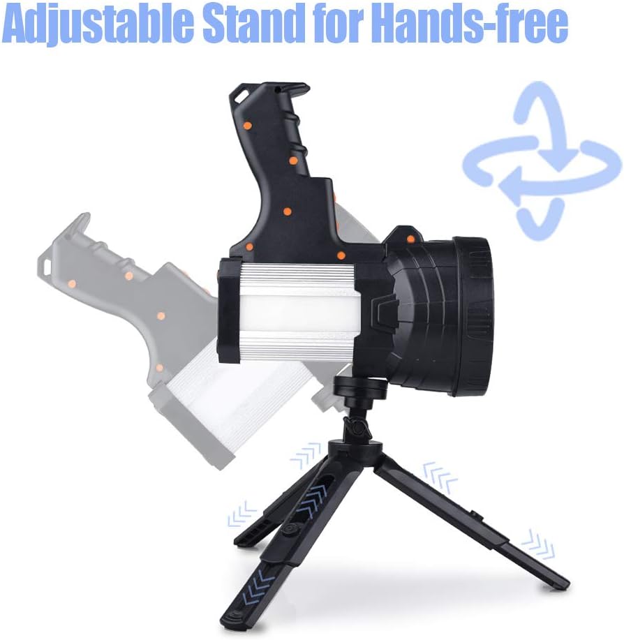 YIERBLUE Rechargeable spotlight, Super Bright 6000 Lumen LED Flashlight Handheld spotlight 10000mAh Long Lasting Large Flashlight Searchlight and Flood Camping Flashlight with Foldable Tripod (Silver) - - 