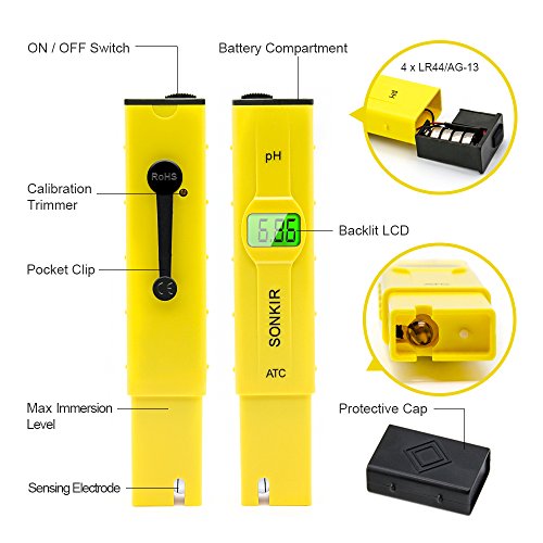 pH Meter, Sonkir Advanced Digital pH Tester for Water Quality Test, ATC Function, 0.01 Resolution Backlit LCD Display (Yellow)