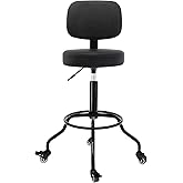CoVibrant Heavy Duty Shop Stool with Ergonomic Backrest - Lockable Rubber Wheels & Adjustable Height, 360° Swivel, High Footrest for Garage Workshop Workbench, 350lbs Capacity (Black, 26"-31"')