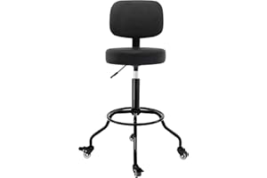 CoVibrant Heavy Duty Shop Stool with Ergonomic Backrest - Lockable Rubber Wheels & Adjustable Height, 360° Swivel, High Footrest for Garage Workshop Workbench, 350lbs Capacity (Black, 26"-31"')