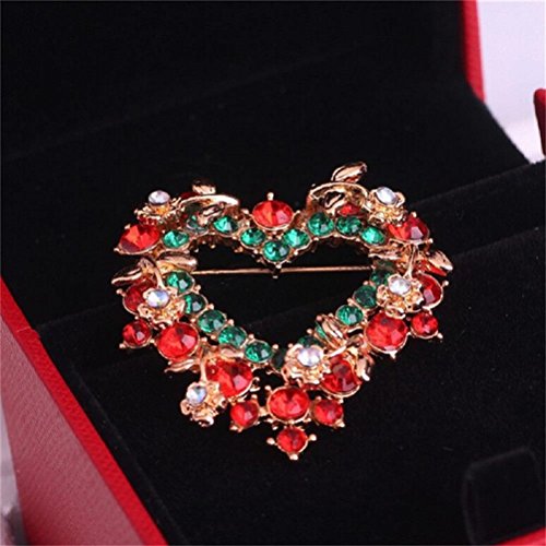 Haodeba 1 Piece Vintage Lovely Red Rhinestone Christmas Wreath Brooch Love Heart Brooch Pin Santa Claus Gift Party Favor