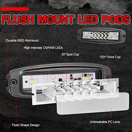 Flush Mount LED Lights, OFFROADTOWN 2Pcs 7'' 96W LED Pods Flush Driving lights Spot Flood Combo LED Work Light Bar Super Bright Fog Lights for Truck Jeep utv 4x4 Boat Grill Mount, 3 Years Warranty - Thumbnail 3
