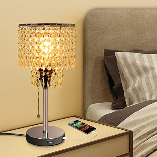 Silver Crystal Bedside Table Desk Lamp with Dual USB Charging Port
