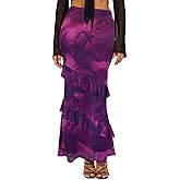 SEBOWEL Women Floral Mesh Long Skirt Tiered Sheer See Through Skirt Bohemian Boho High Waist Bodycon Mesh Ruffle Maxi Skirt