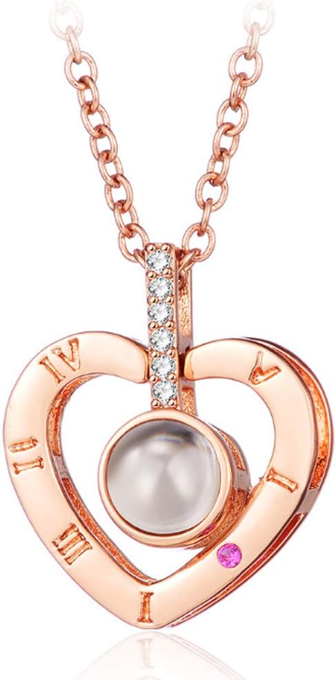 Jetloter I Love You Heart Shaped Necklace, 100 Languages Projection on Round Onyx Pendant Collarbone Necklace Rose Gold