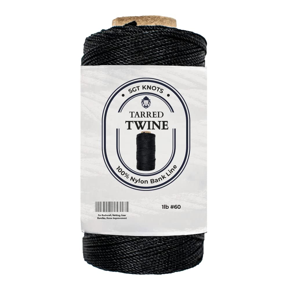 SGT KNOTS Tarred Twine - 100% Nylon Bank Line for Bushcraft, Netting, Gear Bundles, Construction, Lacing Twisted Cord, Weatherproof #60-1 lb