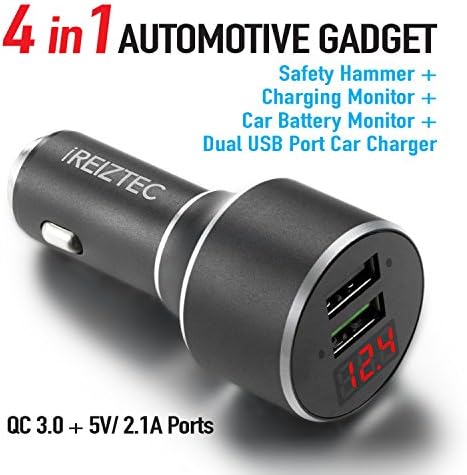 iREIZTEC 34W Dual USB Car Charger, w/ Safety Hammer, QC 3.0 &amp; 5V/2.1A Ports for iPhone X 8 7 6S 6 Plus, iPad Pro Air, Galaxy S9 S8 S7 S6 Edge Plus Note 8, LG G6 V10, HTC Nexus Pixel &amp; more (Black)