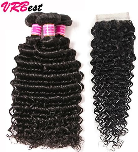 VRBest Brazilian Deep Wave With Closure 100% Unprocessed Virgin Brazilian Hair 3 Bundles Deep Curly Human Hair Extensions With Lace Closure (16 18 20 + 14 )