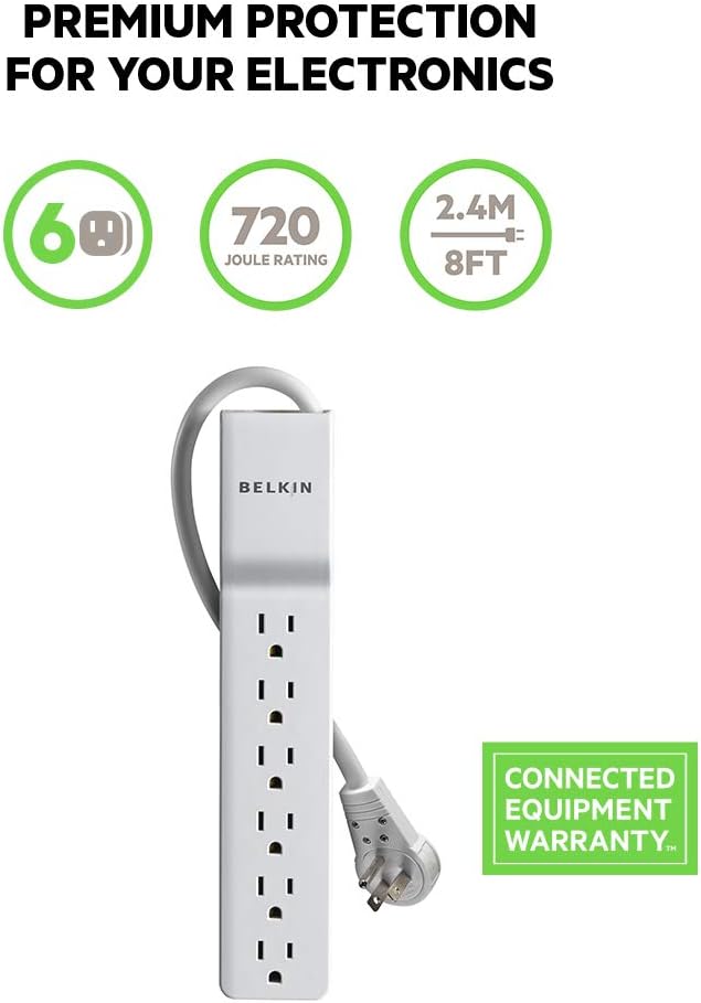 Belkin 6-Outlet Power Strip Surge Protector, Flat Rotating Plug, 8ft Cord (720 Joules), White: Home Audio & Theater