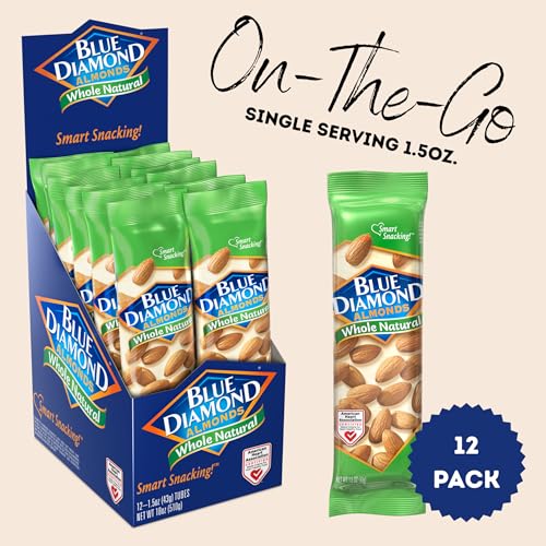 BLUE DIAMOND ALMONDS, WHOLE NATURAL FLAVORED SNACK NUTS, SINGLE SERVE BAGS (1.5 OZ. TUBES, PACK OF 12)