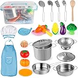 D-FantiX Kitchen Pretend Play Toy Kitchen Accessories Kids Cooking Pots and Pans Set, Utensils, Apron and Chef Hat, Cutting Vegetables Kitchen Playset for Toddlers Boys and Girls