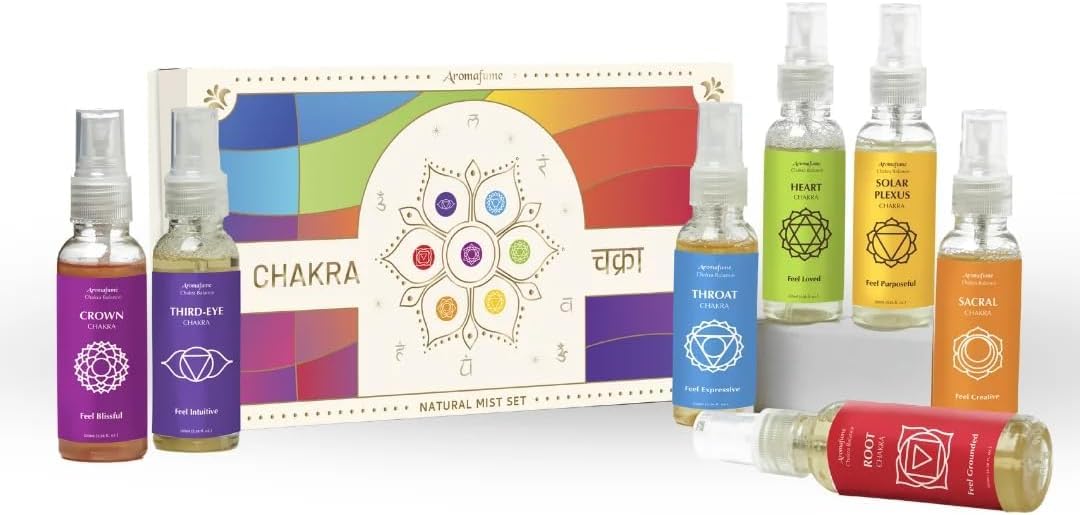 7 Chakra Natural Mist Gift Set by Aromafume | 7x 50ml/1.7 fl oz| Aromatherapy Sprays for Meditation, Chakras Healing | Yoga & Reiki Gifts |Essential Oil Spray Set for Solar Plexus, Root Chakra & more