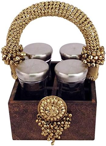Brown Textured wooden Mukhwas Tray with Jhumka Brooch, Tradional Gold Handle and 4 Glass Air Tight Jars: Home Dinning or Kitchen Use - 5.5" x 5.5" x 8.5"