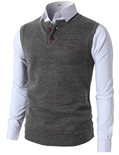 H2H Mens Knitted Sweater Two Buttons Henley Vest CHARCOAL US L/Asia XL (KMOV071)