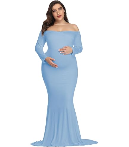 fitted maternity dress for photoshoot Mommy Jennie Long Sleeve Stretchy Pregnancy Gowns for Baby Shower,Azure,S at Amazon Women's Clothing store Deep Champagne Makayla