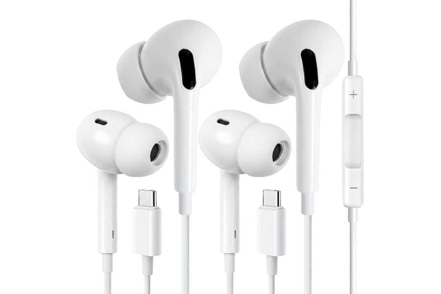 USB C Headphones for iPhone 17 16 Pro Max 16e 16 Plus 16Pro 15 Pro Max 15 Plus 15Pro, USBC Earbuds in-Ear Earphones Wired Type C Ear Buds with Mic Volume Control HiFi Stereo Noise Cancelling - 2Pack